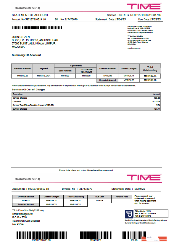 Malaysia Time utility bill template in Word and PDF formats